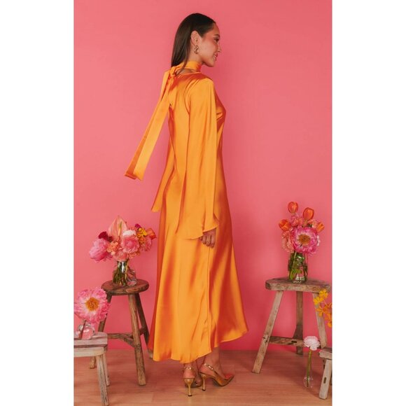 Show Me Your Mumu Sarah Tangerine Fluid Satin Midi Dress Women's X-Small XS - Picture 3 of 8
